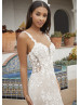 Ivory Lace Glitter Tulle Open Back Modern Wedding Dress
